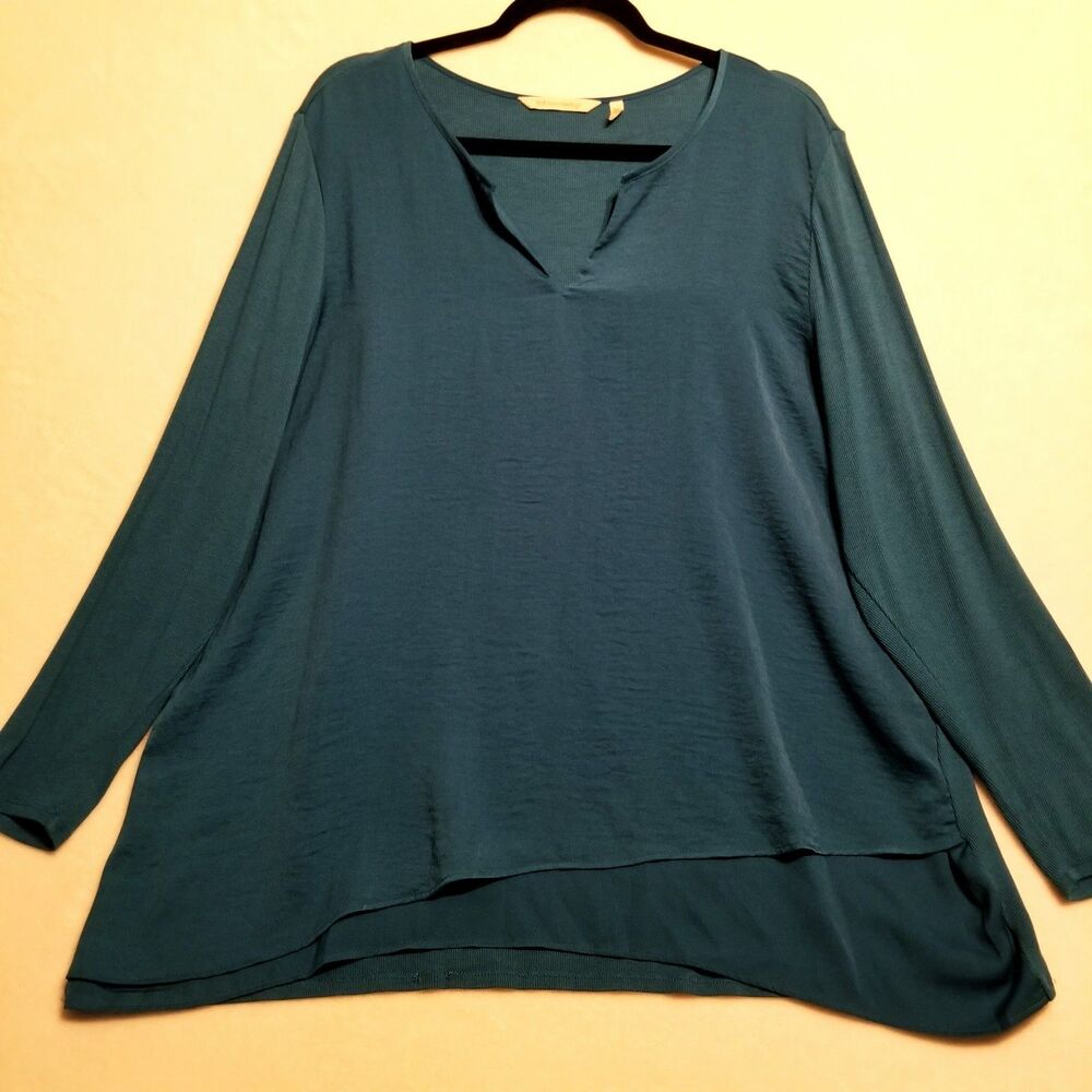 Soft Surroudings XL Top Teal Blue Asymmetrical Satin Front Knit Back Lagenlook